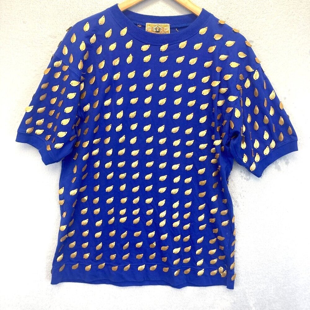 READ! Vintage Gene‎ Ewing Bis Bis Gold Leaf Embellished Blue Knit Tee Top Small